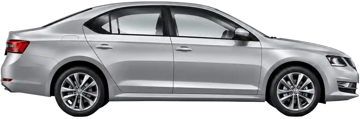 Silver saloon car seating 4 passengers with 2 check-in and 2 cabin bags